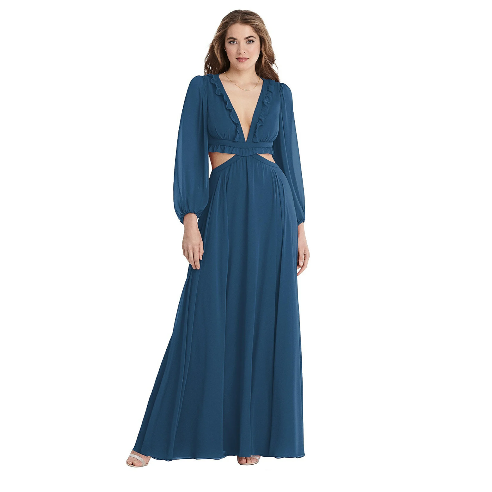 New Lovely Women's 4 Harlow Bishop Sleeve Dusk Blue Cutout Maxi Dress J3-13